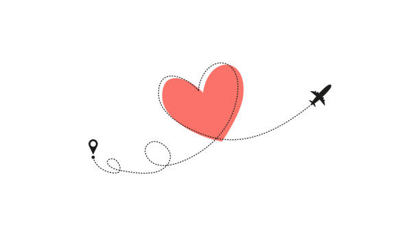 ilustraciones, imágenes clip art, dibujos animados e iconos de stock de me encanta la ruta del avión. trazades de línea discontinuas y rutas de plano de corazón aisladas sobre fondo blanco. viaje de boda romántico, viaje de luna de miel. dibujo de trazado de plano con corazón. ilustración vectorial - día de san valentín festivo