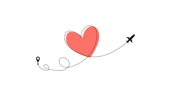Love airplane route. Heart dashed line trace and plane routes isolated on white background. Romantic wedding travel, Honeymoon trip. Hearted plane path drawing. Vector illustration.