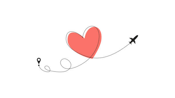 Love airplane route. Heart dashed line trace and plane routes isolated on white background. Romantic wedding travel, Honeymoon trip. Hearted plane path drawing. Vector illustration Love airplane route. Heart dashed line trace and plane routes isolated on white background. Romantic wedding travel, Honeymoon trip. Hearted plane path drawing. Vector illustration. airport backgrounds stock illustrations