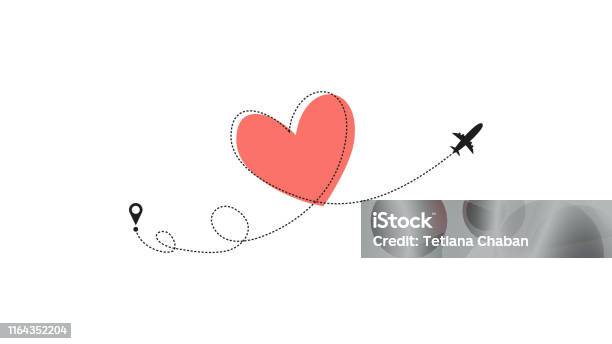 Love Airplane Route Heart Dashed Line Trace And Plane Routes Isolated On White Background Romantic Wedding Travel Honeymoon Trip Hearted Plane Path Drawing Vector Illustration Stock Illustration - Download Image Now