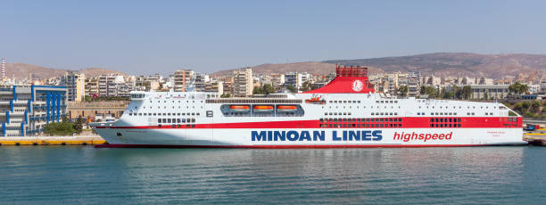 Ferry boat Mykonos Palace in Piraeus port PIRAEUS, GREECE - JULY 7, 2019: Ferry boat Mykonos Palace in Piraeus port on July 7, 2019. Mykonos Palace is 214 m long, has a capacity of 2200 passengers and 900 cars. minoan photos stock pictures, royalty-free photos & images