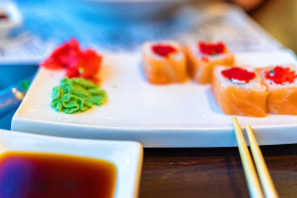 Philadelphia sushi plate and soy sauce, blurred