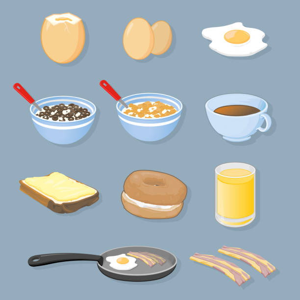 ilustrações de stock, clip art, desenhos animados e ícones de ícones de pequeno-almoço - coffee fried egg breakfast toast