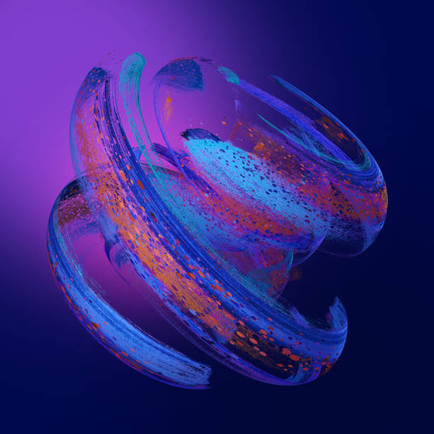 3d render, abstract neon background with grungy brush strokes, twisted ultraviolet paint splashing, isolated object - spiral circle paint splashing imagens e fotografias de stock