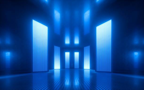 3dレンダー、青いネオン抽象背景、紫外線、ナイトクラブ空室のインテリア、トンネルや廊下、輝くパネル、ファッション表彰台、パフォーマンスステージの装飾、 - ステージ ストックフォトと画像