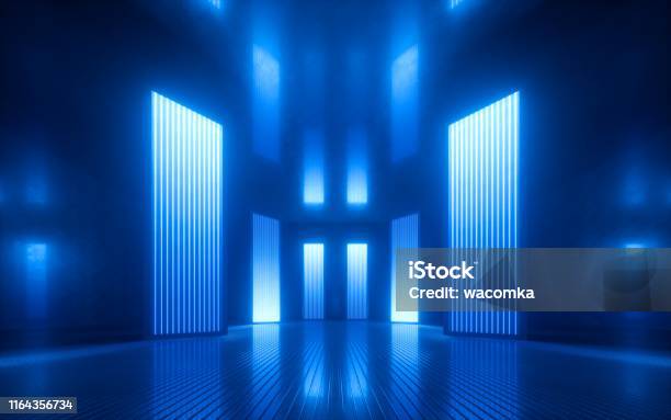 3d Render Blue Neon Abstract Background Ultraviolet Light Night Club Empty Room Interior Tunnel Or Corridor Glowing Panels Fashion Podium Performance Stage Decorations Stock Photo - Download Image Now