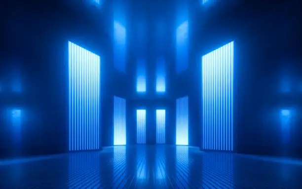 Photo of 3d render, blue neon abstract background, ultraviolet light, night club empty room interior, tunnel or corridor, glowing panels, fashion podium, performance stage decorations,