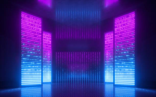renderizado en 3d, fondo abstracto de neón violeta rosa azul, luz ultravioleta, interior de la habitación vacía del club nocturno, túnel o pasillo, paneles brillantes, podio de moda, decoraciones de escenario de rendimiento, - led lighting equipment light illuminated fotografías e imágenes de stock