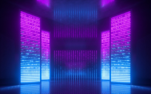 3d render, blue pink violet neon abstract background, ultraviolet light, night club empty room interior, tunnel or corridor, glowing panels, fashion podium, performance stage decorations,