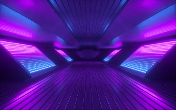 3d render, blau rosa violett neon abstrakten hintergrund, ultraviolettes licht, nachtclub leere raum innenraum, tunnel oder korridor, glühende platten, mode-podium, performance-bühne dekorationen, - collection led technology colors stock-fotos und bilder