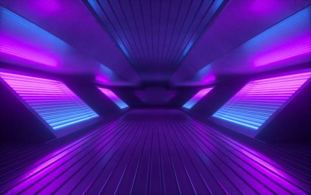 istock 3d render, blue pink violet neon abstract background, ultraviolet light, night club empty room interior, tunnel or corridor, glowing panels, fashion podium, performance stage decorations, 1164356769