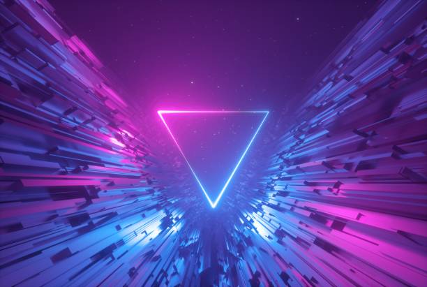 istock 3d render, pink blue neon abstract background with glowing triangle, ultraviolet light, laser show, wall reflection, triangular shape 1164356884