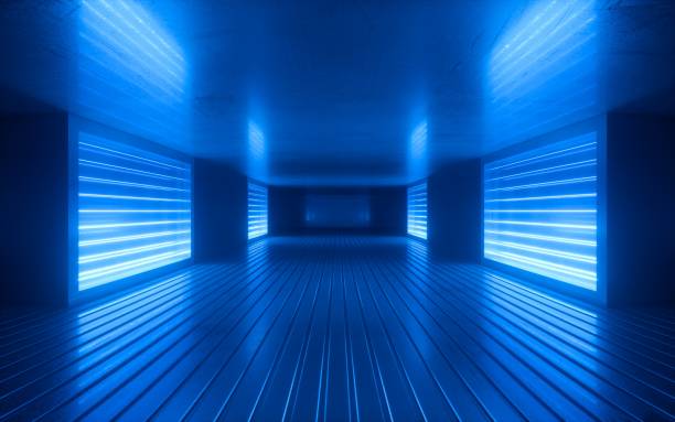 3d 렌더, 블루 네온 추상 배경, 자외선, 나이트 클럽 빈 방 인테리어, 터널 또는 복도, 빛나는 패널, 패션 연단, 공연 무대 장식, - collection led technology colors 뉴스 사진 이미지