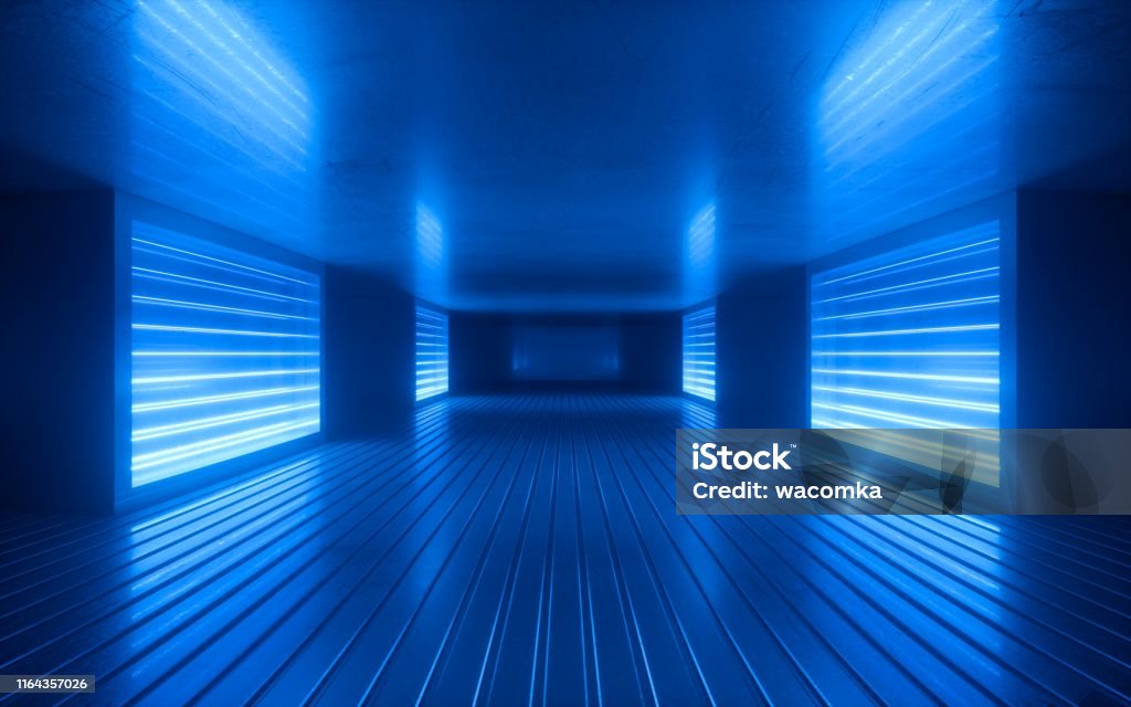 3d render, blue neon abstract background, ultraviolet light, night club empty room interior, tunnel or corridor, glowing panels, fashion podium, performance stage decorations, Ultraviolet Light Stock Photo