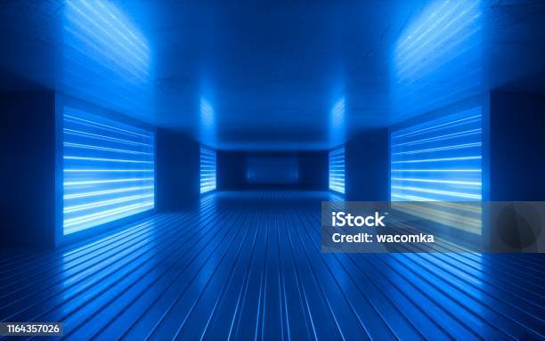 3d Render Blue Neon Abstract Background Ultraviolet Light Night Club Empty Room Interior Tunnel Or Corridor Glowing Panels Fashion Podium Performance Stage Decorations Stock Photo - Download Image Now