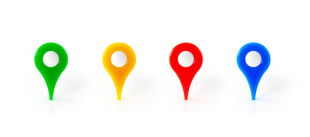 Colorful map pointer set on white background. Horizontal composition with copy space.