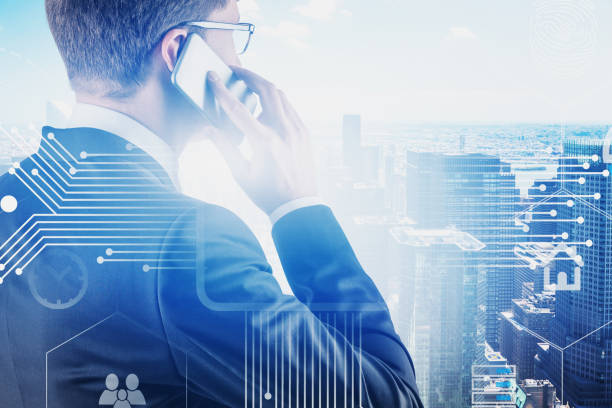 istock Man on phone in city, business interface 1164360023