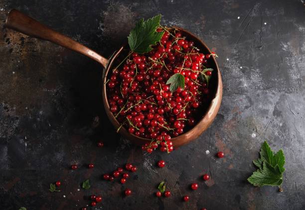 Red currants and leaves in old copper bowl on dark background stock photo