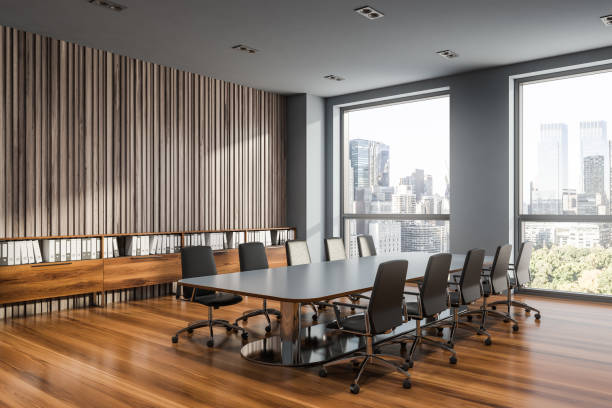 istock Wooden and gray meeting room corner 1164360340
