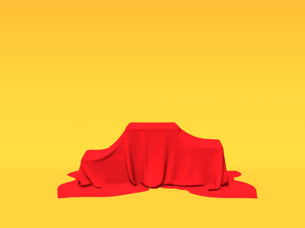 istock Podium, pedestal or platform covered with red cloth on yellow background. Abstract illustration of simple geometric shapes. 3D rendering. 1164361487