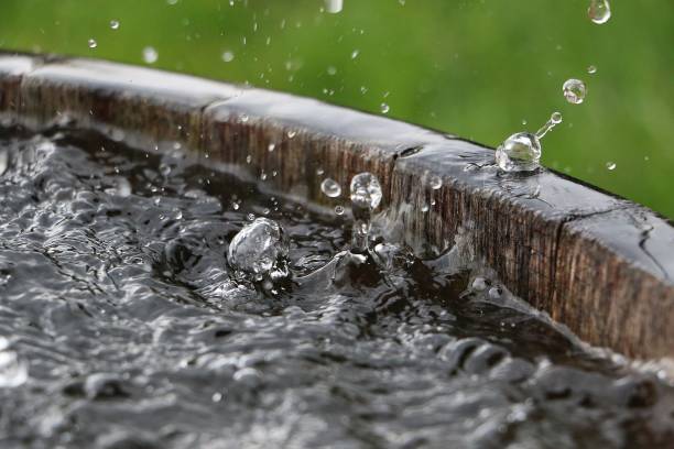 la pioggia sta cadendo in una botte di legno piena d'acqua nel giardino - nature rain crop europe foto e immagini stock