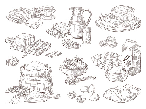 Hand drawn bakery goods. Butter milk eggs and flour culinary ingredients, butter and bread sandwiches on dish. Vector isolated sketch fats set