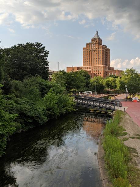 River in Downtown Akron, Ohio View of little Cuyahoga river in downtown Akron, Ohio akron ohio stock pictures, royalty-free photos & images