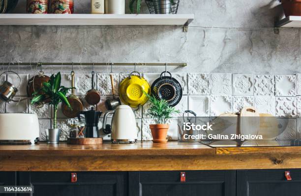 Kitchen Work Surface Interior Elements Scandinavian Rustic Style Stock Photo - Download Image Now