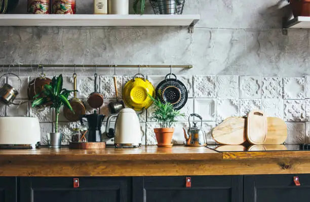 Photo of Kitchen work surface, interior elements, Scandinavian rustic style