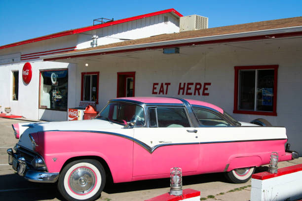 Williams (Arizona), USA - August 14. 2009: View on Twister´s Diner with classic pink car on Route 66