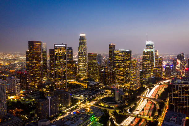 istock Aerial Downtown Los Angeles Skyline at Night 1164366088