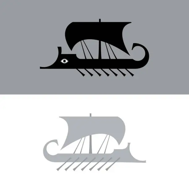 Vector illustration of Ancient sailboat, Greek warship, Trireme vessel (vector silhouette).