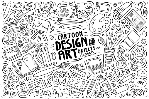 Line art vector hand drawn doodle cartoon set of design theme items, objects and symbols