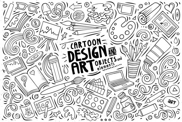 Vector set of design theme items Line art vector hand drawn doodle cartoon set of design theme items, objects and symbols laptop patterns stock illustrations