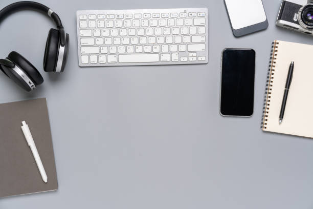 istock Grey & white stationary top view for creative & business concept 1164370732