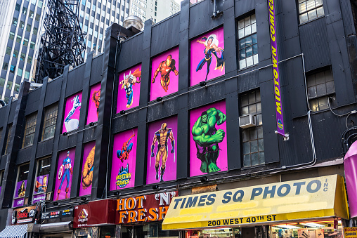 New York City, USA - August 2, 2018: Facade of the Midtown Comics Times Square store in Manhattan, New York City, USA