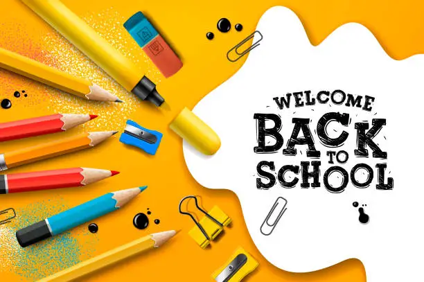 Vector illustration of Back to school Sale design with pencils and typography lettering. Vector School illustration for poster, web, cover, ad, greeting, card, social media, promotion.