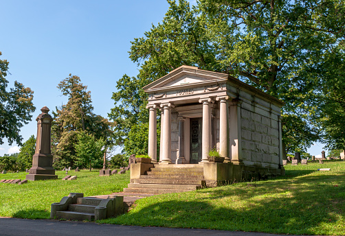 Pittsburgh, Pennsylvania, USA 7/25/2019  Headstones, monuments and mausoleums in Homewood Cemetery in the Point Breeze neighborhood. Originally was established in 1878 from the William Wilkins estate