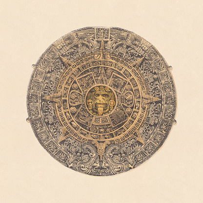 The Aztec Sunstone - perhaps the most famous Aztec sculpture. Chromolithograph after the original in the National Anthropology Museum in Mexico City, published in 1892.