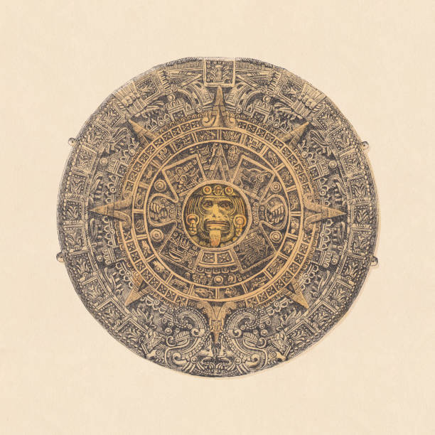 Aztec sun stone, Mexico City, chromolithograph, published in 1892 The Aztec Sunstone - perhaps the most famous Aztec sculpture. Chromolithograph after the original in the National Anthropology Museum in Mexico City, published in 1892. circa 15th century stock illustrations