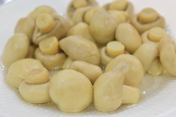 istock Canned mushroom on white plate. 1164383275