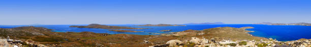 incredible panoramic view of the cyclades islands from mount kinthos, the highest point of the island of delos - mosaic greek culture mythology ancient imagens e fotografias de stock