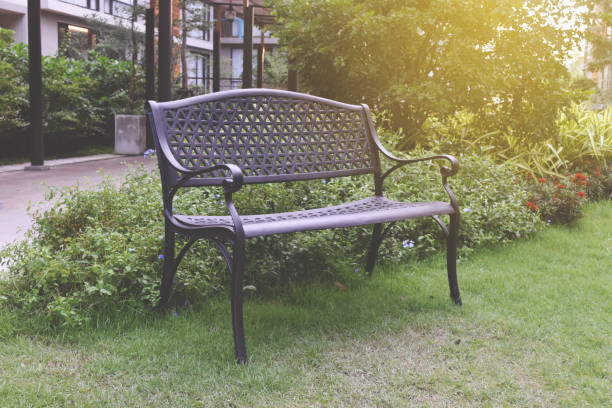 Decorative bench in public area for relaxing.