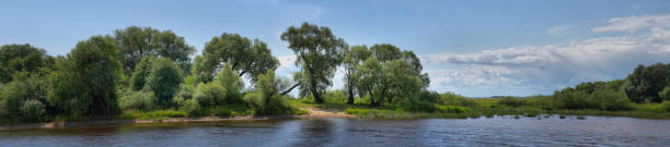 istock Large-format summer panorama with a river and a picturesque shore 1164384447
