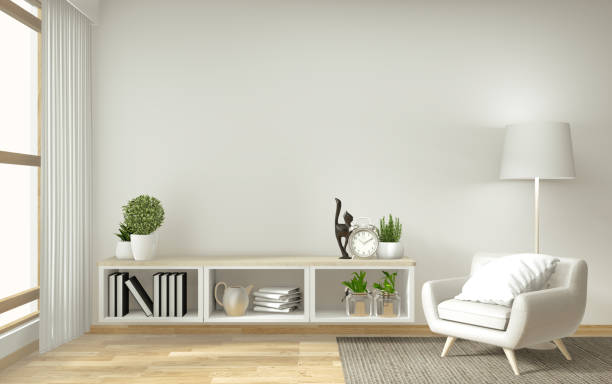 istock shelf tv in zen modern empty room, mock up minimal design, 3d rendering 1164385814