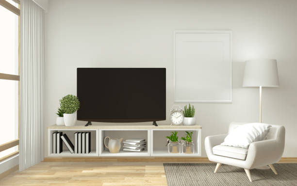 istock shelf tv in zen modern empty room, mock up minimal design, 3d rendering 1164385857