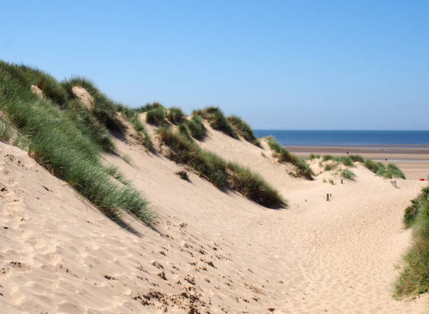 istock a path through tall grass covered sand dunes leading to a beach and bright blue sea in summer sunlight on the sefton coast in merseyside 1164387765
