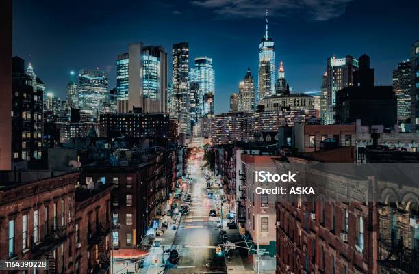 Lower Manhattan Cityscape Chinatown Stock Photo - Download Image Now - New York City, Night, New York State