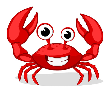 Crab character smiling with big claws on a white background.