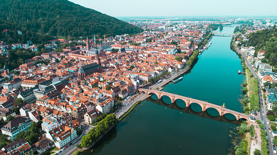 Aerial Capture of Heidelberg Old Town with Neckar River and Old Bridge or Karl Theodor Bridge
